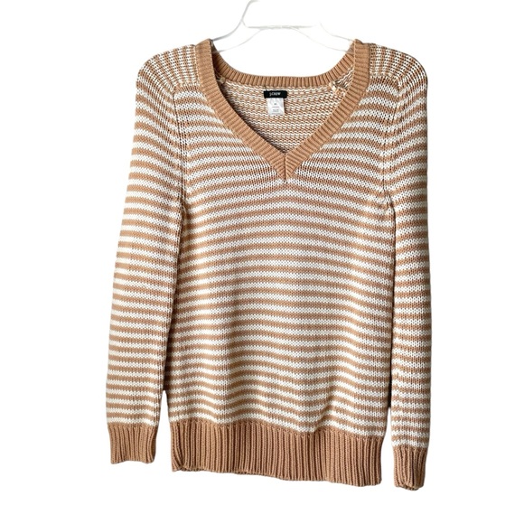 J. Crew V-Neck Sweater Tan and White Stripes Long Sleeved 100% Cotton XS - Picture 1 of 11